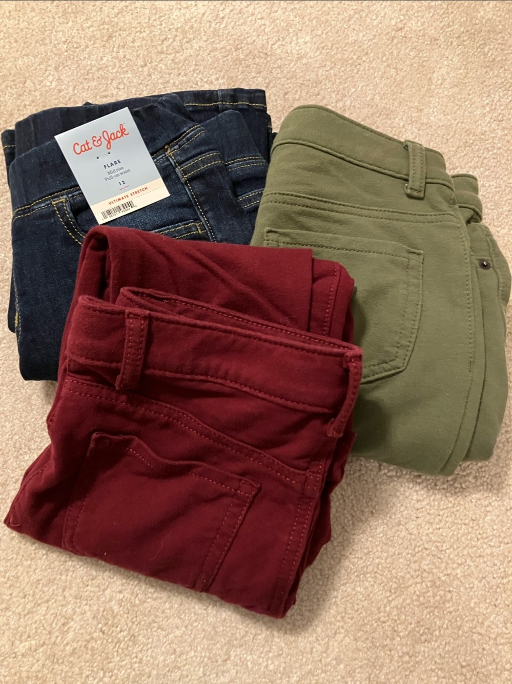 Cat & Jack Women's Burgundy, Olive & Dark Wash Jeans Trio